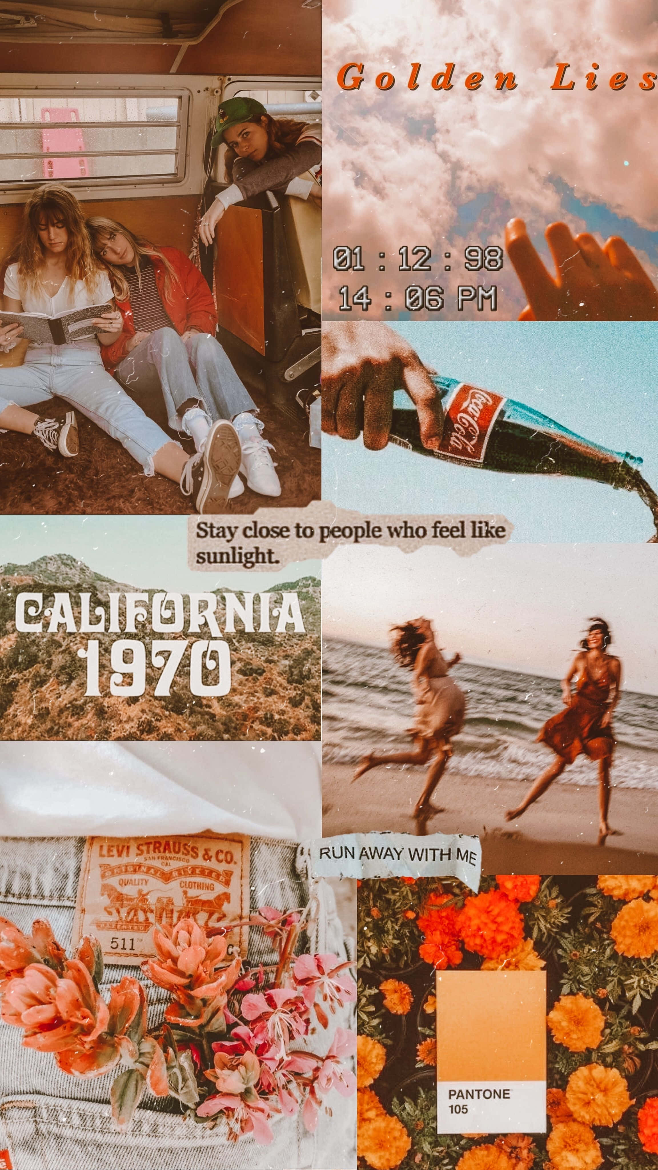 Vintage Collage 桌布 壁紙 — 1970年代加州場景的復古拼貼畫，包括在巴士上閱讀的人們、沙灘跑步、鮮花、牛仔布和一瓶汽水，背景是溫暖的日落天空。