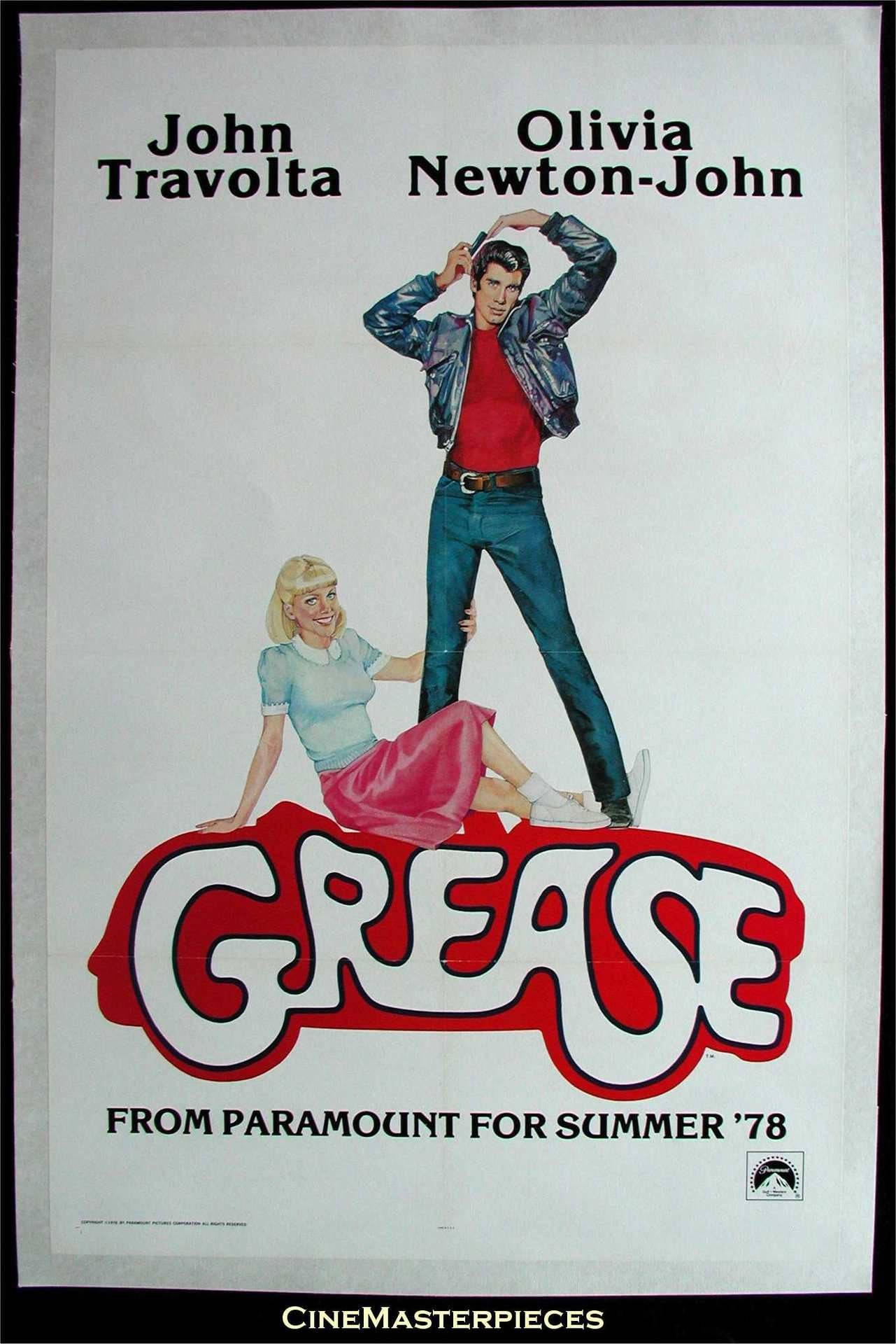 Grease 桌布 壁紙 — 1978年《火爆浪子》復古電影海報，約翰·屈伏塔和奧莉維亞·紐頓-強在白色背景前擺出經典70年代姿勢。