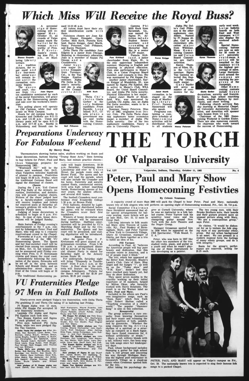 黑白 桌布 壁紙 — 1980年代復古報紙版面， featuring headlines and photos of college students preparing for homecoming festivities at Valparaiso University.