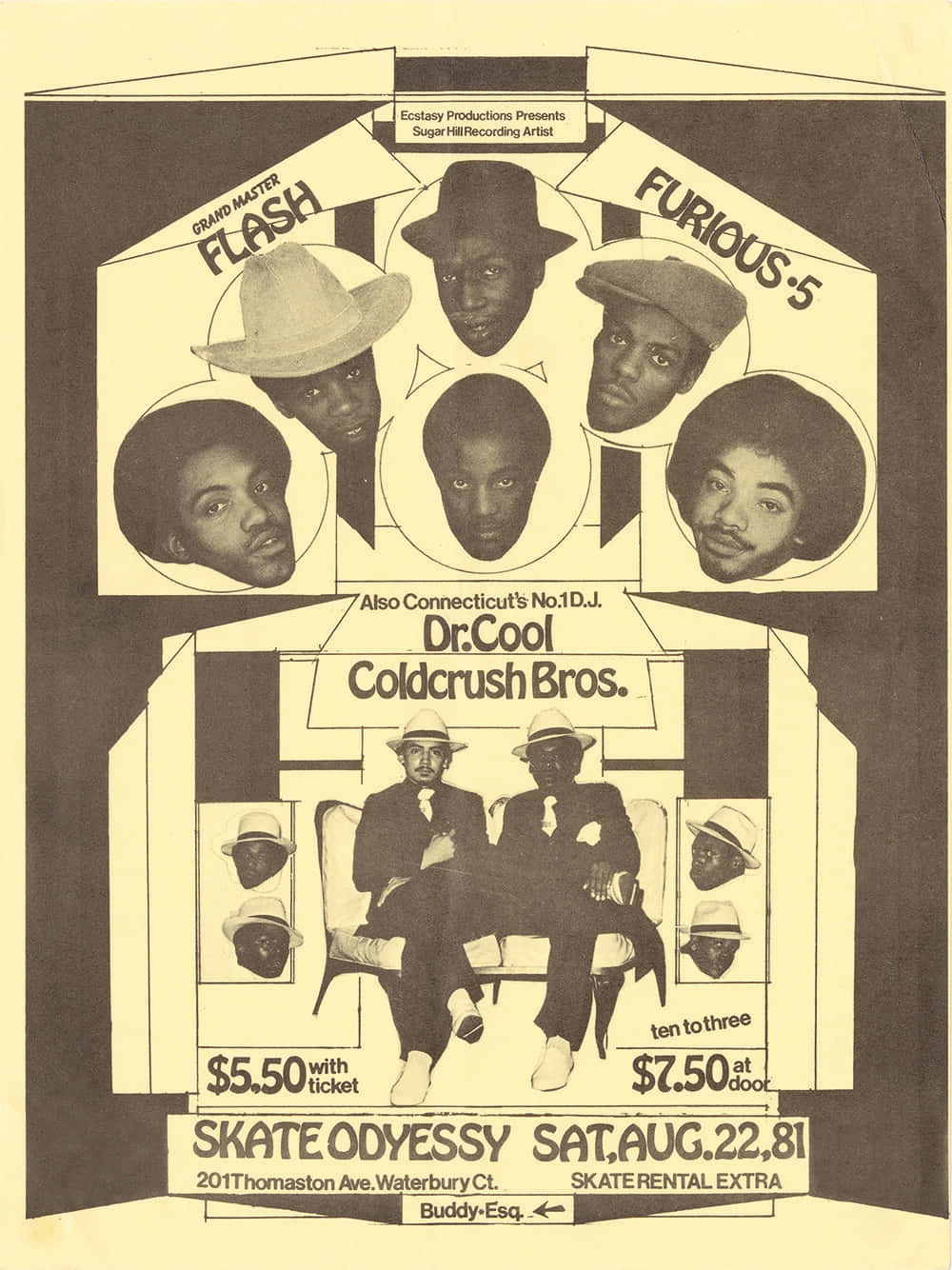 復古 桌布 壁紙 — 1981年Grandmaster Flash and Furious Five的復古演唱會海報，採用大膽的圖形設計和風格化肖像。