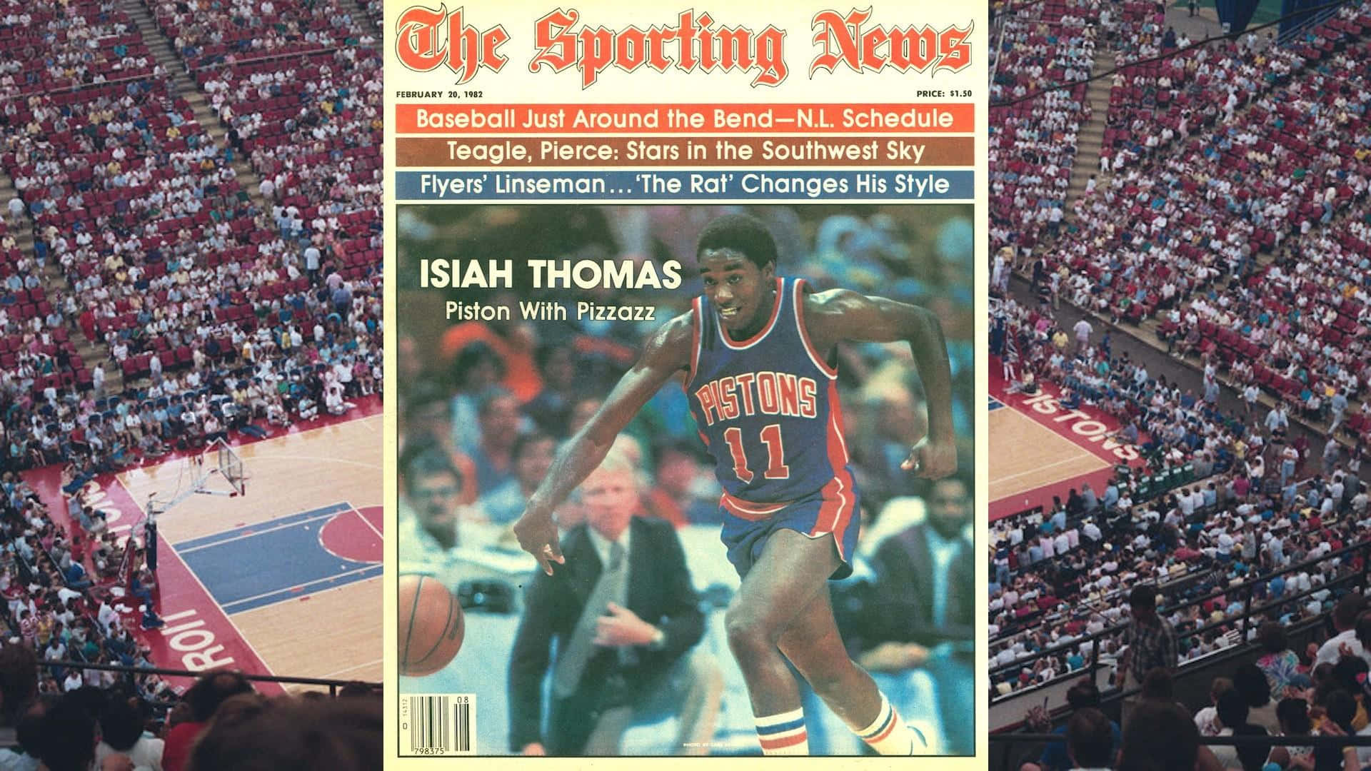 籃球 桌布 壁紙 — 1983年復古Sporting News封面，Isiah Thomas身穿活塞隊球衣在擠滿觀眾的球場運球。