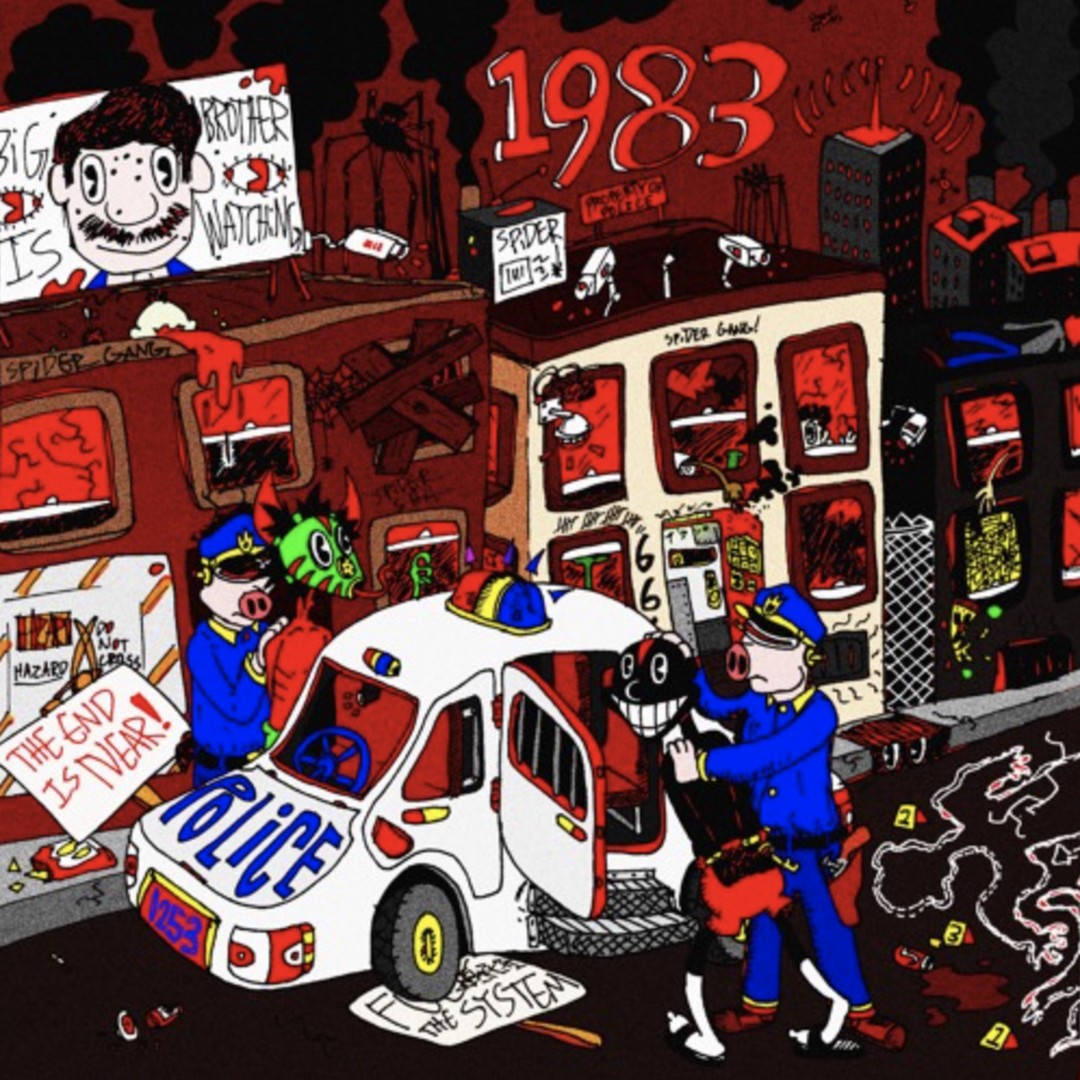 說唱歌手 桌布 壁紙 — 1983年混亂的城市街景，卡通警察在塗鴉和犯罪標誌中逮捕一個微笑的黑人人物。