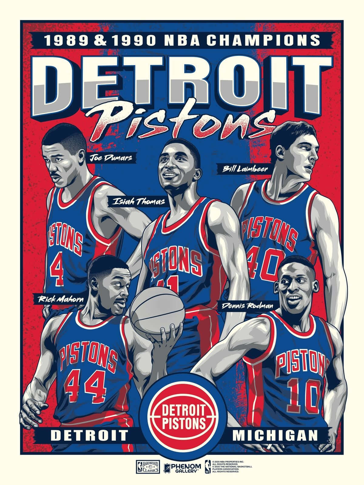 籃球 桌布 壁紙 — 1989 1990 年底特律活塞隊 NBA 冠軍的復古插圖海報，五名身穿藍紅球衣的球員手持籃球。