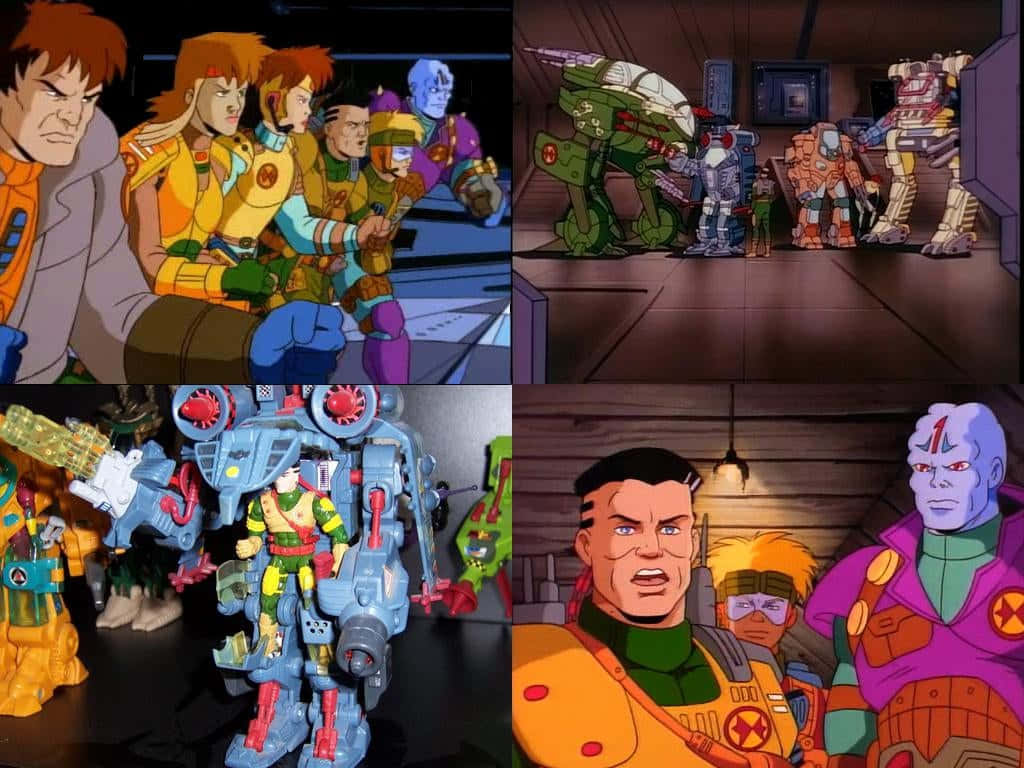 squad 桌布 壁紙 — 1990年代卡通系列中動畫角色和機器人玩具的四格拼貼。