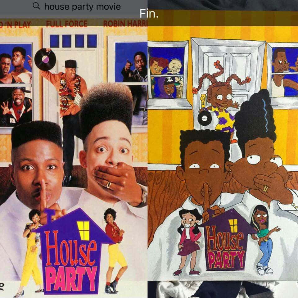 House Party 桌布 壁紙 — 1990年電影《House Party》及其動畫改編的分割海報，角色以充滿活力的90年代風格呈現。
