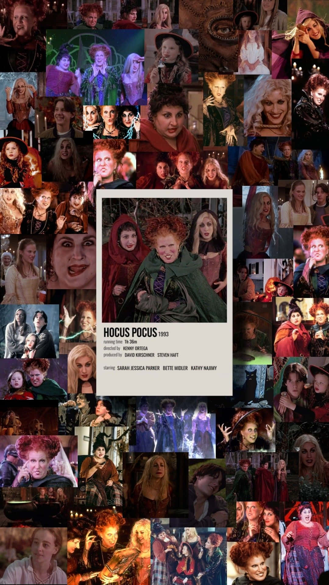 桌布 壁紙 — 1993年電影《Hocus Pocus》場景和角色的生動拼貼，桑德森姐妹穿著女巫服裝。