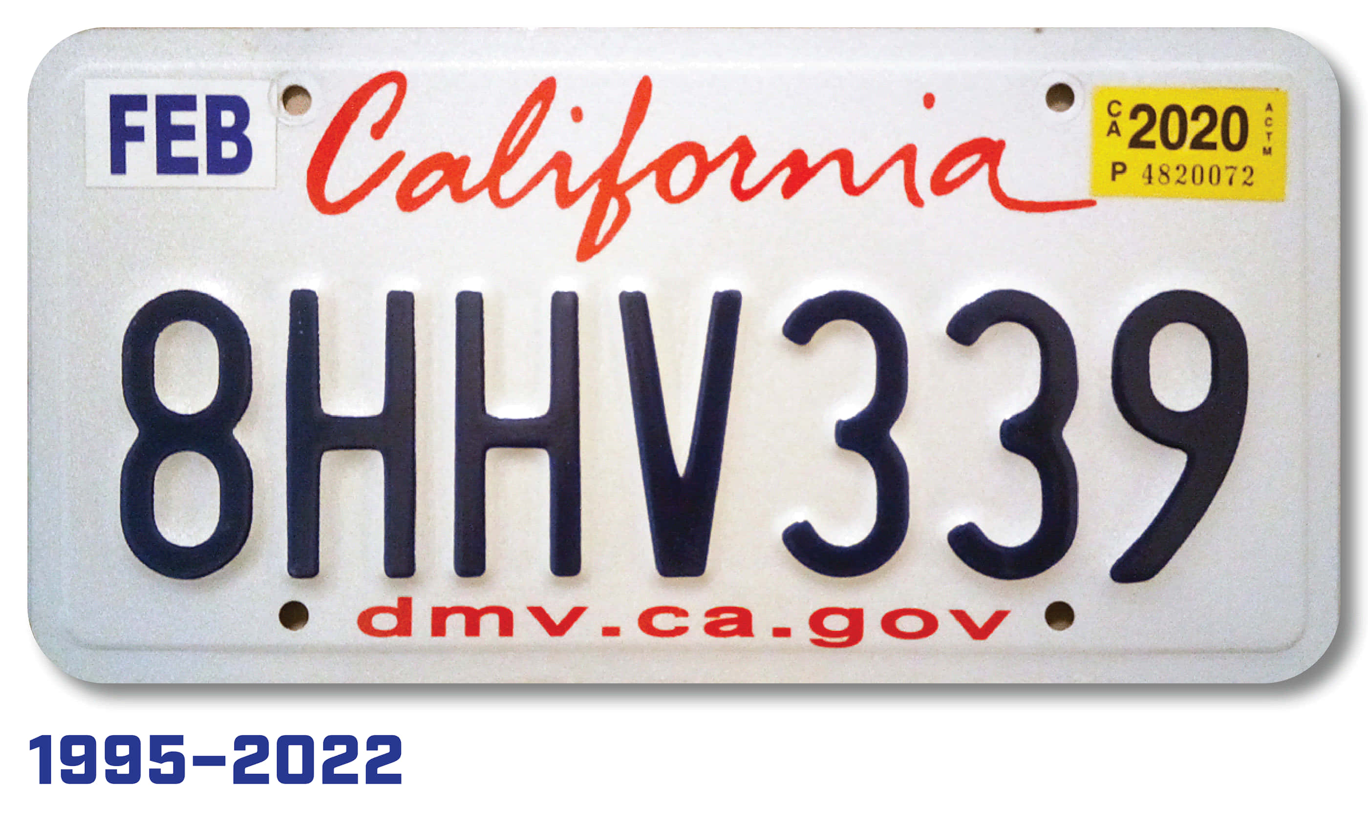 License Plate 桌布 壁紙 — 1995年至2022年加州車牌的近距離特寫，顯示登記號碼8HHV339及到期日2020年2月。