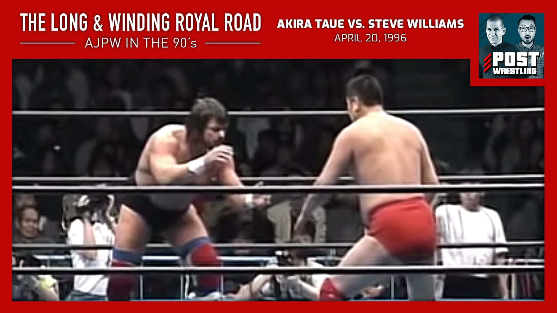 Athlete 桌布 壁紙 — 1996年AJPW比賽中，兩名摔角手在擂台上碰撞，背景有紅色繩索和人群。