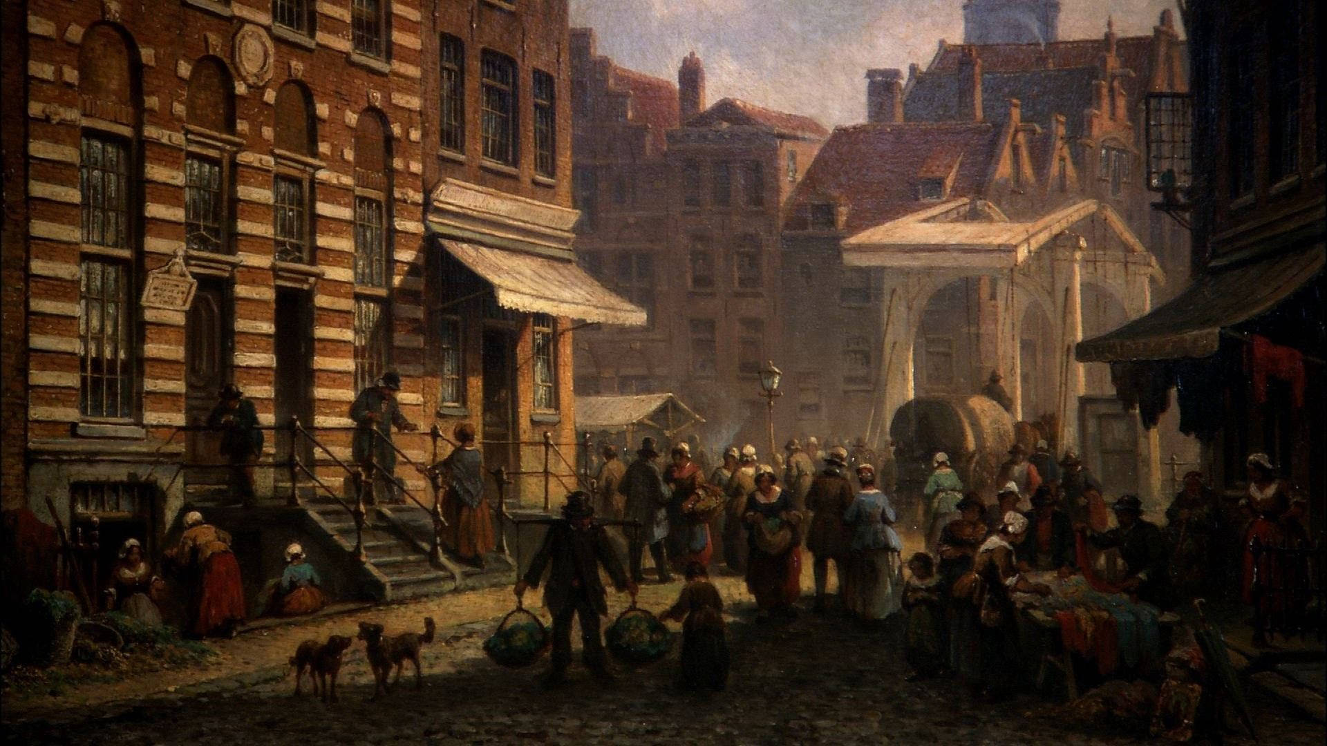 Rembrandt 桌布 壁紙 — 19世紀歐洲繁忙的街市，人們在購物，攤販在遮陽篷下販售商品。
