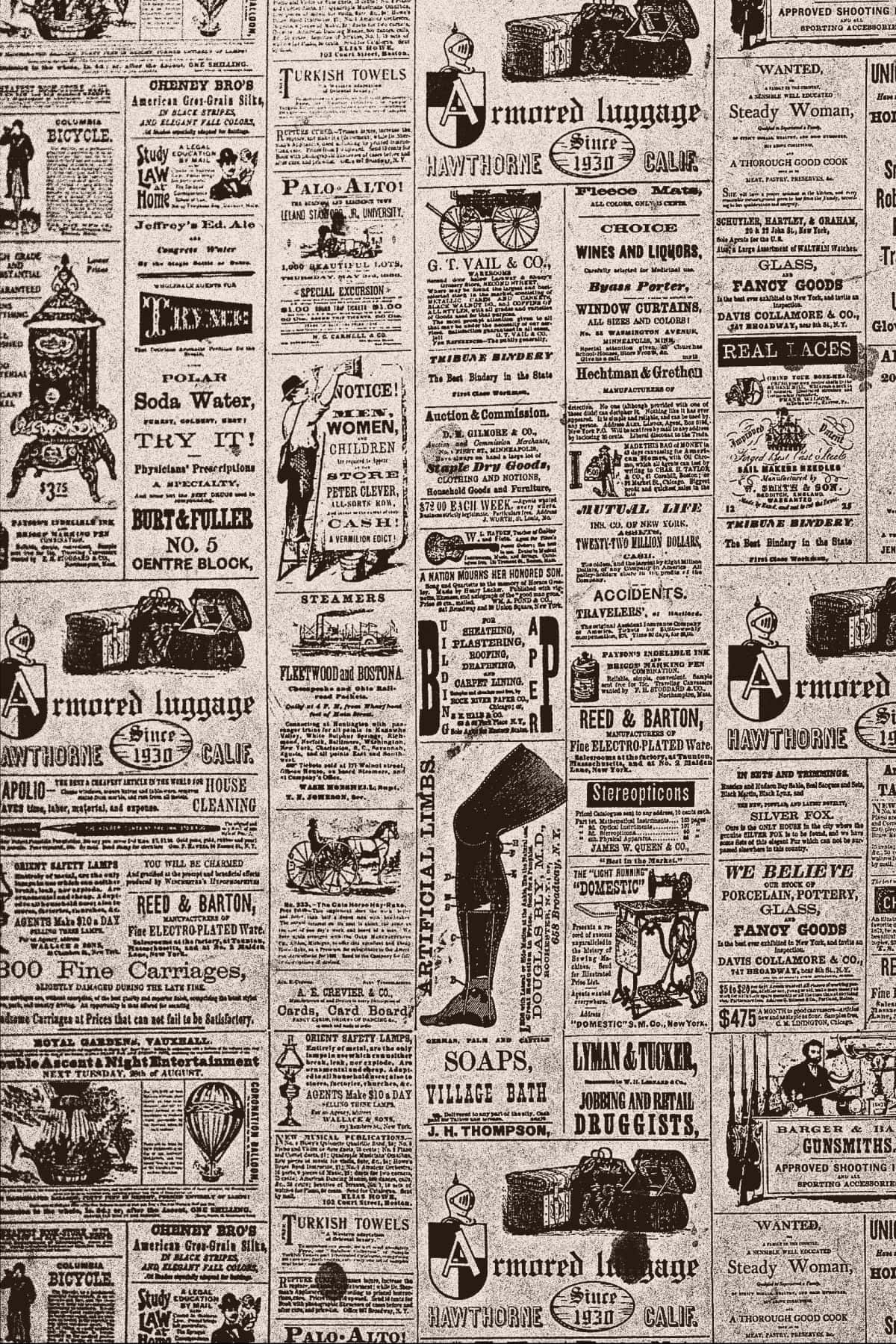 Old Newspaper 桌布 壁紙 — 19世紀美國的復古報紙廣告，以棕褐色調展示蒸汽船、行李和家居用品。