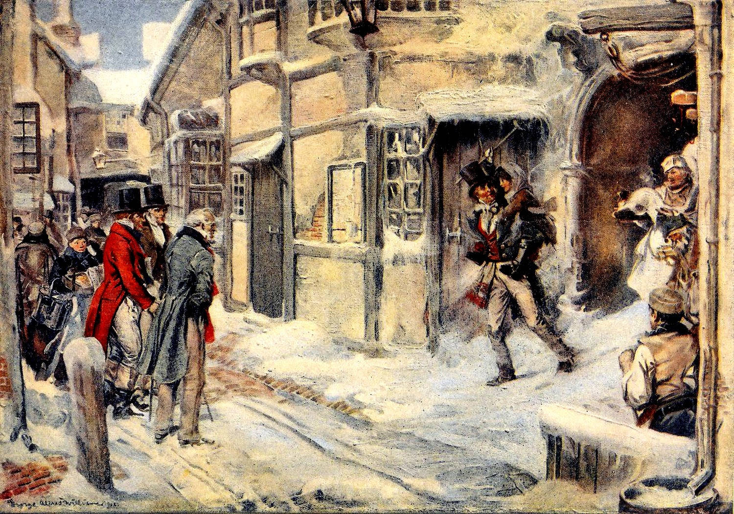 A 桌布 壁紙 — 19世紀雪景街道，人們穿著時代服裝走過積雪的建築物和商店門口。