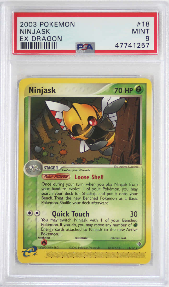 寶可夢 桌布 壁紙 — 2003年寶可夢 Ninjask EX Dragon 集換式卡牌，評級為 Mint 9，置於保護殼中。