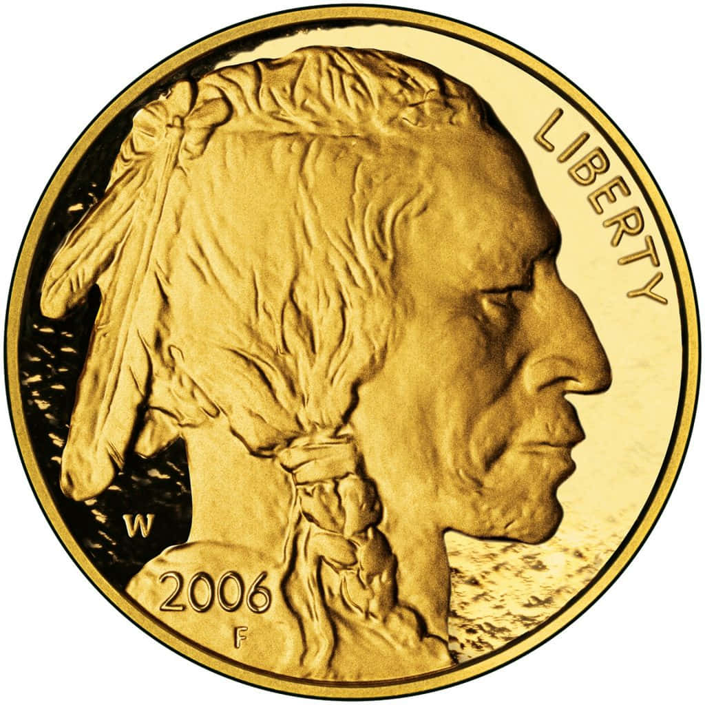 penny 桌布 壁紙 — 2006年金水牛鎳幣的特寫，展示了一位美洲原住民的詳細側面輪廓，頭戴羽毛頭飾，並刻有「LIBERTY」字樣。