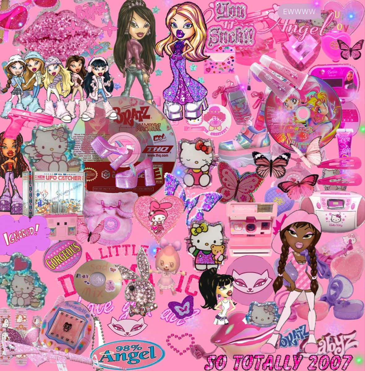 Hello Kitty 桌布 壁紙 — 2007年Bratz娃娃、Hello Kitty商品和閃亮配飾的混亂粉紅色拼貼。