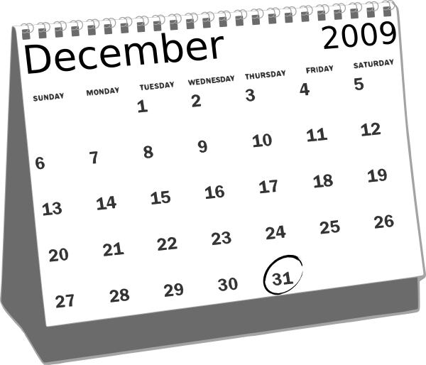 Calendar Date 桌布 壁紙 — 2009年12月的灰階桌曆，31號用黑色墨水圈起。