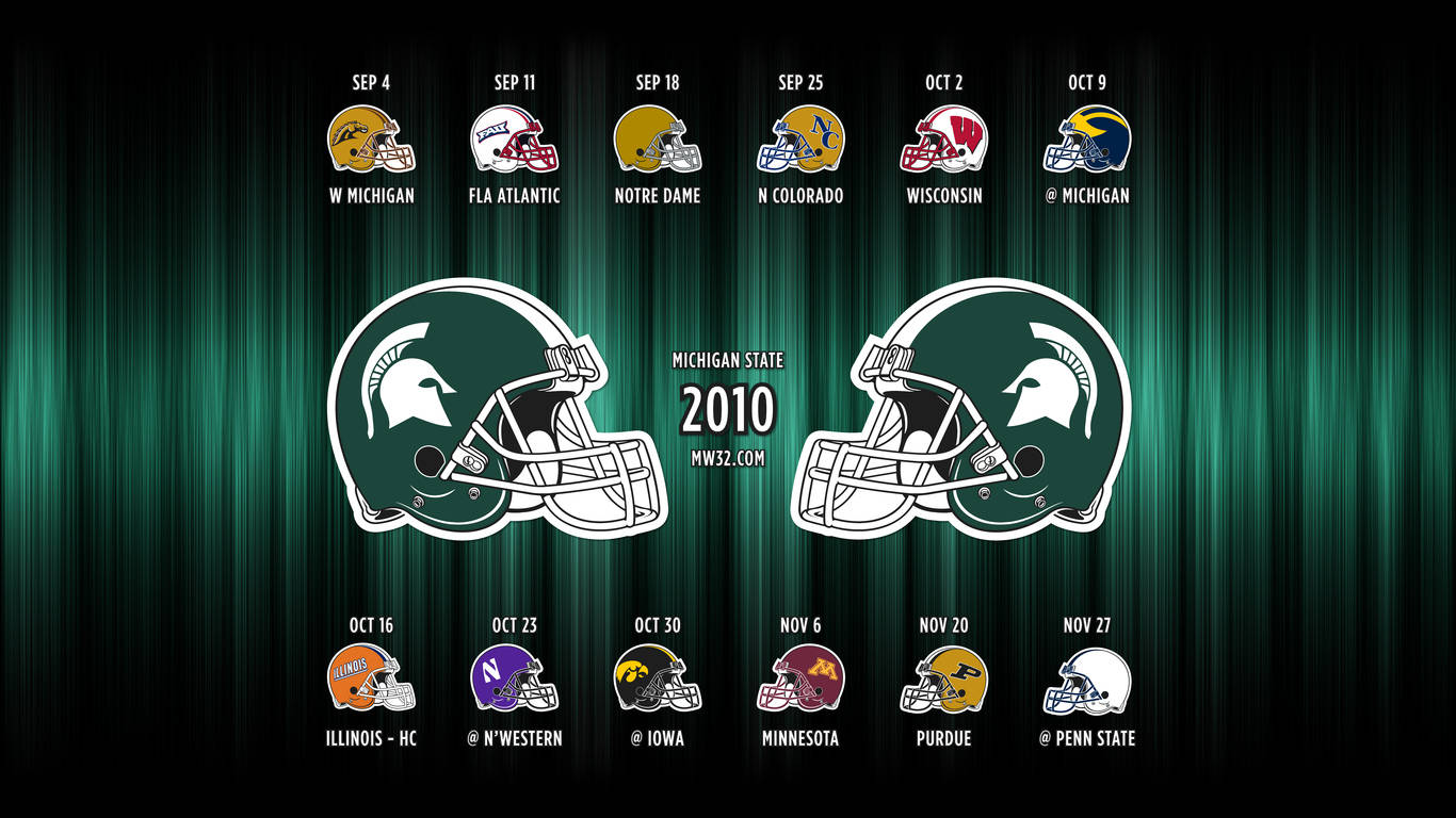 Michigan State Spartans 桌布 壁紙 — 2010年密西根州立大學美式足球賽程，以球隊頭盔顯示在深綠色垂直條紋背景上。