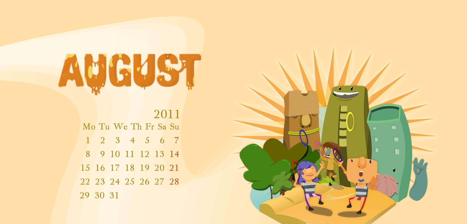 August 桌布 壁紙 — 2011年8月的快樂卡通日曆，有小朋友在溫暖陽光下在微笑建築附近玩耍。