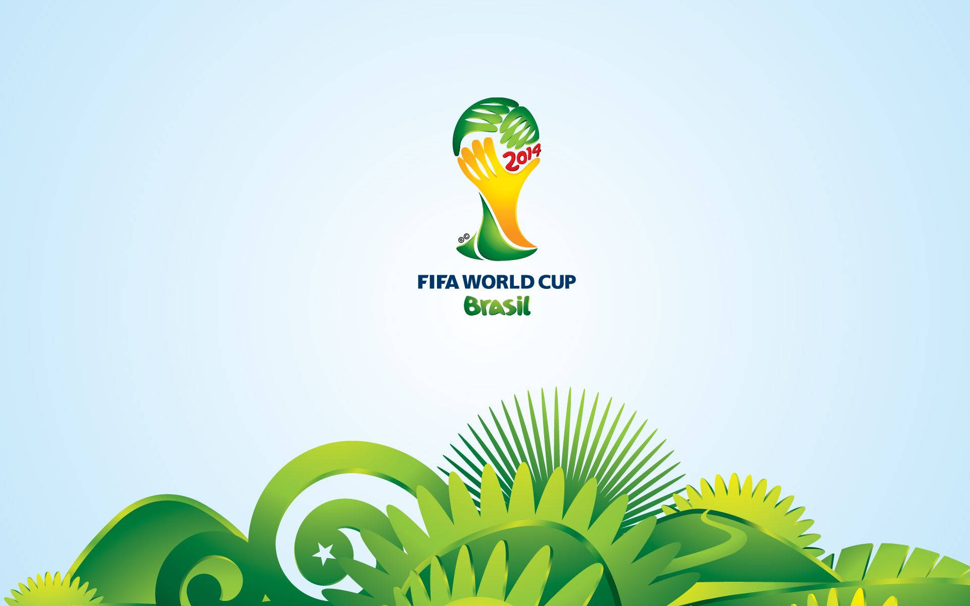 World 桌布 壁紙 — 2014年FIFA世界盃巴西標誌漂浮在風格化的綠色熱帶樹葉上方，背景為柔和的藍色漸變。