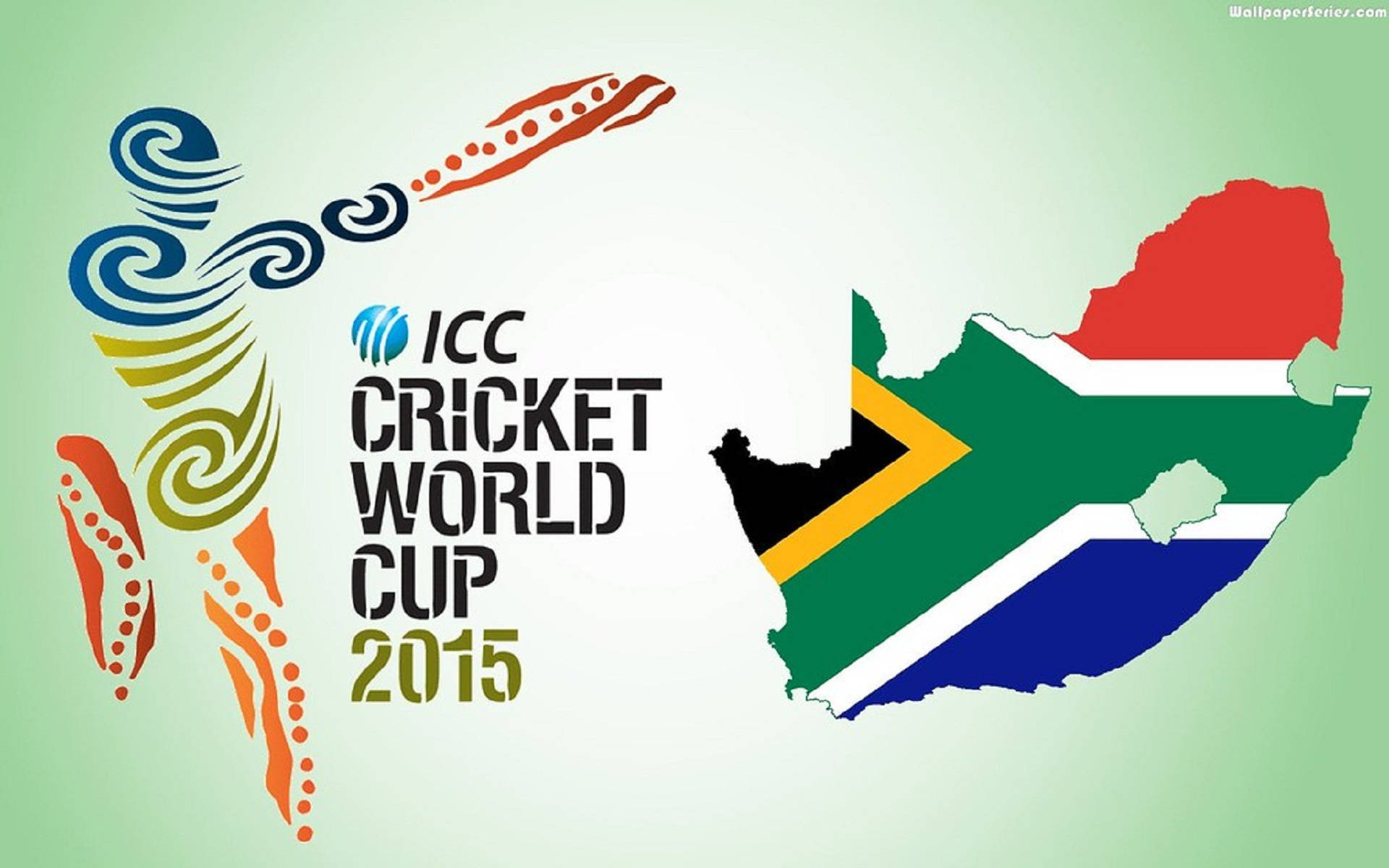 south africa cricket 桌布 壁紙 — 2015年ICC板球世界盃的鮮豔風格化板球運動員圖形，旁邊是南非地圖和國旗顏色。