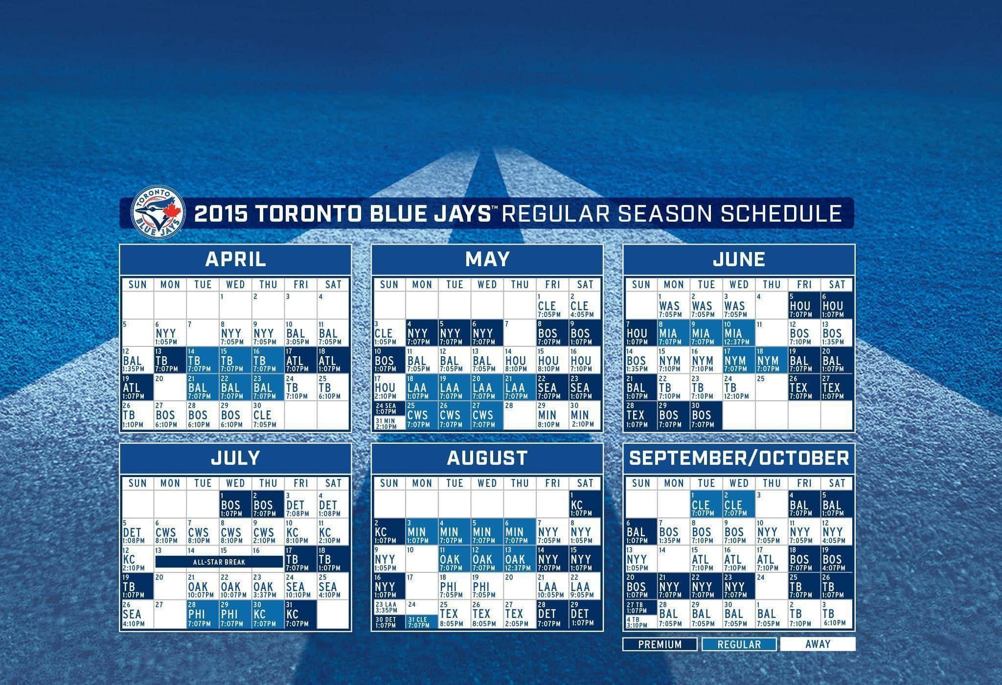 Blue Jays. 桌布 壁紙 — 2015年多倫多藍鳥隊棒球賽程表，以六個月份網格顯示，背景為藍色紋理並帶有白色星爆效果。