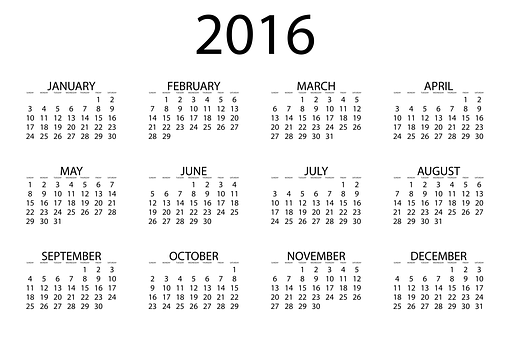 2016 年黑白月曆 壁紙