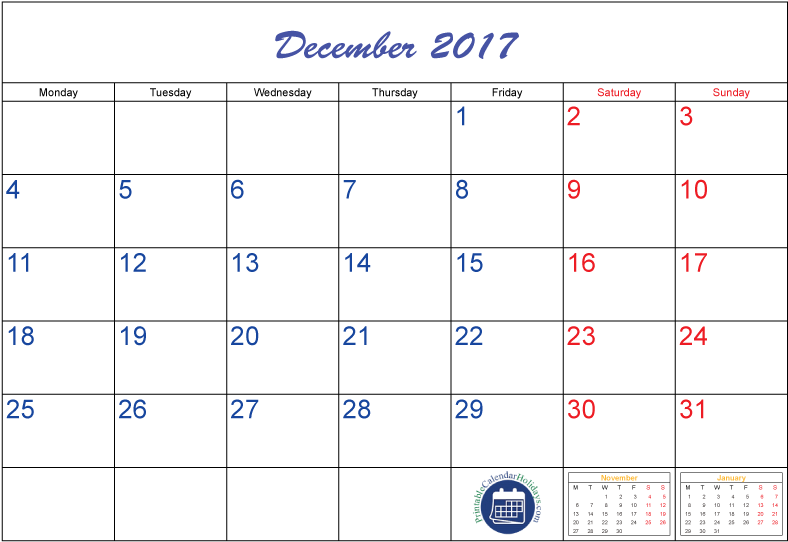 十二月 桌布 壁紙 — 2017年12月的數位日曆，黑色背景上帶有藍色和紅色數字。