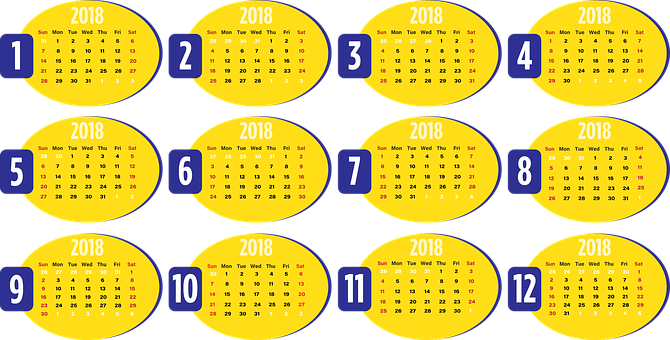 2018年 黃色 橢圓 月曆 壁紙