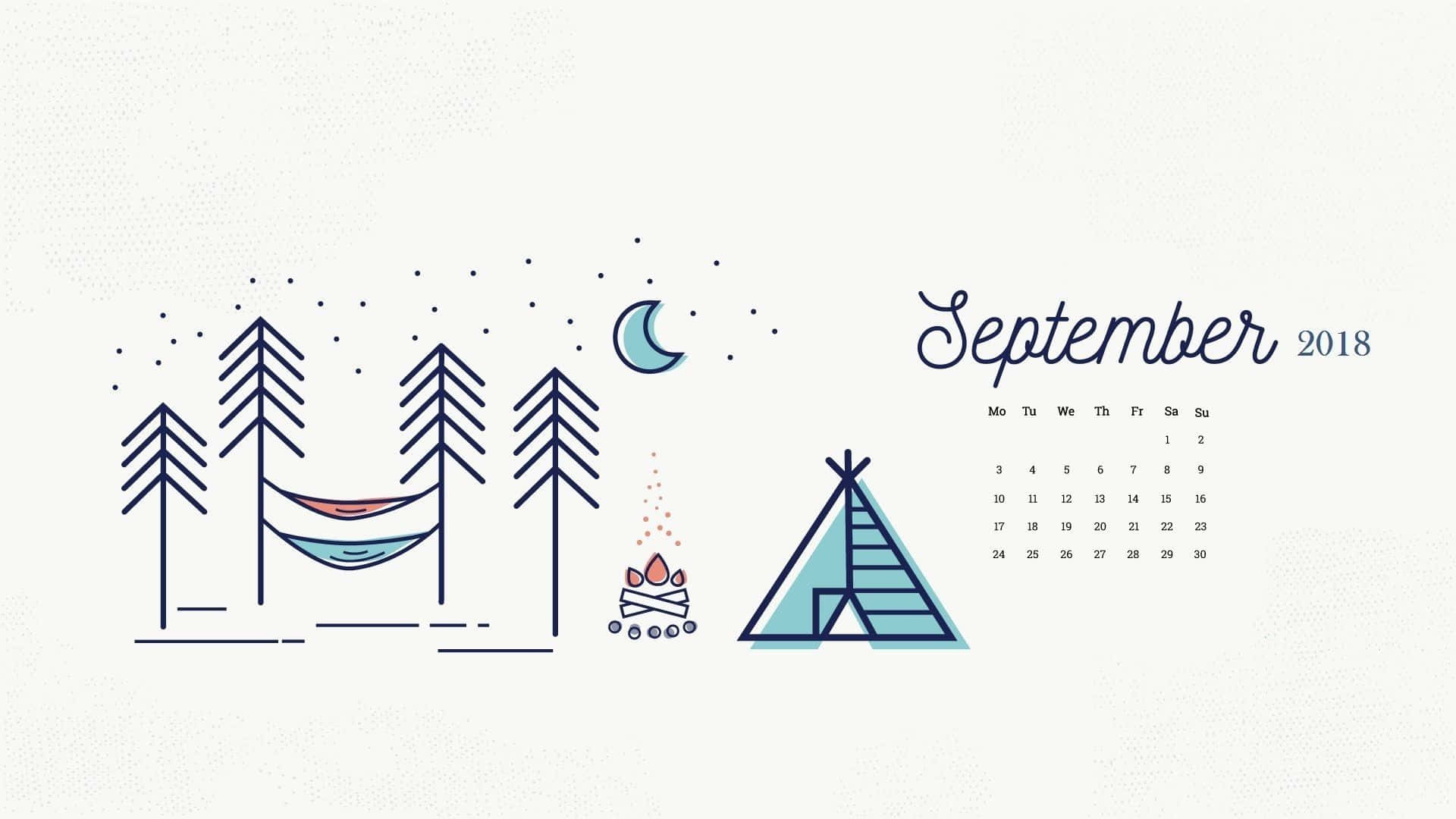 September 桌布 壁紙 — 2018年9月的極簡線條藝術日曆，松樹間有吊床、帳篷和半月下的營火。
