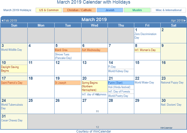 March 桌布 壁紙 — 2019年3月日曆，以顏色編碼框突出顯示美國、普通基督教、天主教、猶太教、穆斯林及各種國際節日。