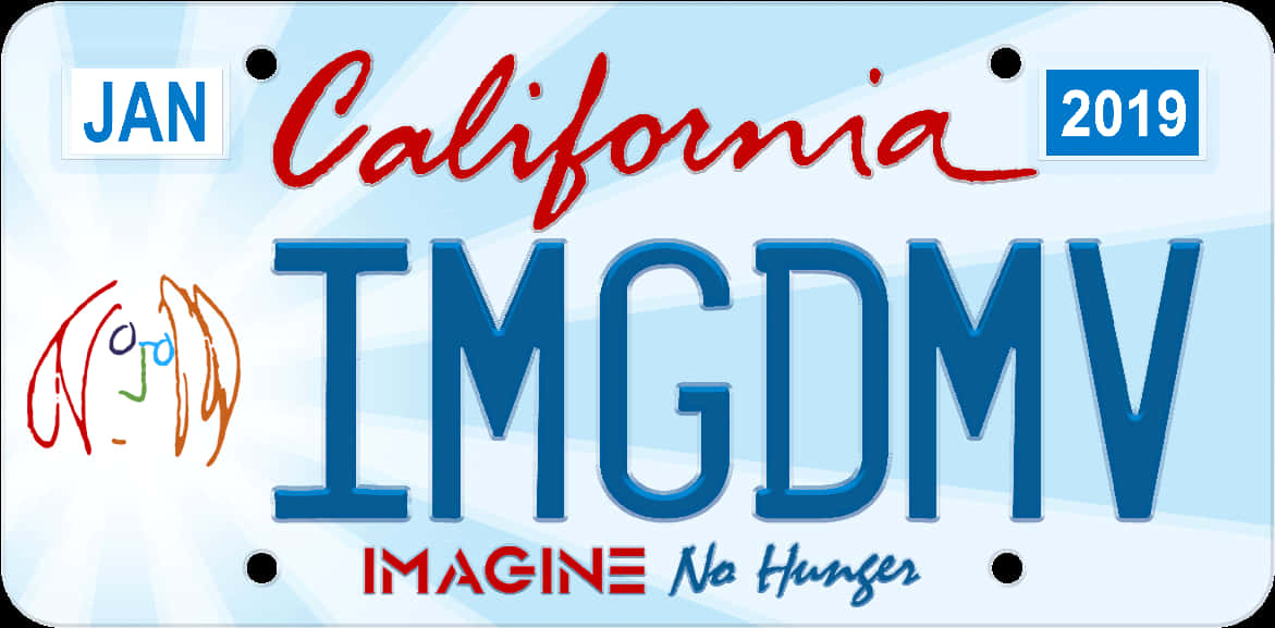 加州 桌布 壁紙 — 2019年加州車牌，藍色字母和紅色字體寫著「IMAGINE No Hunger」，並有手繪塗鴉。