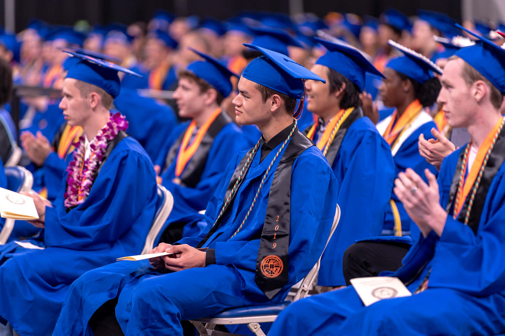 Graduation 桌布 壁紙 — 2019年畢業典禮上，身穿藍色學士帽和畢業袍的畢業生們，佩戴著色彩繽紛的肩帶和花環，鼓掌致意。