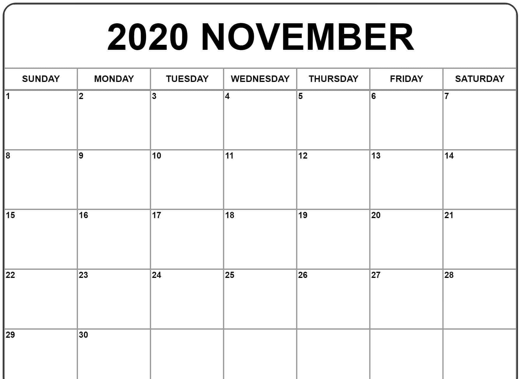 桌布 壁紙 — 2020年11月的極簡黑白日曆，採用乾淨的網格佈局和粗體標題文字。