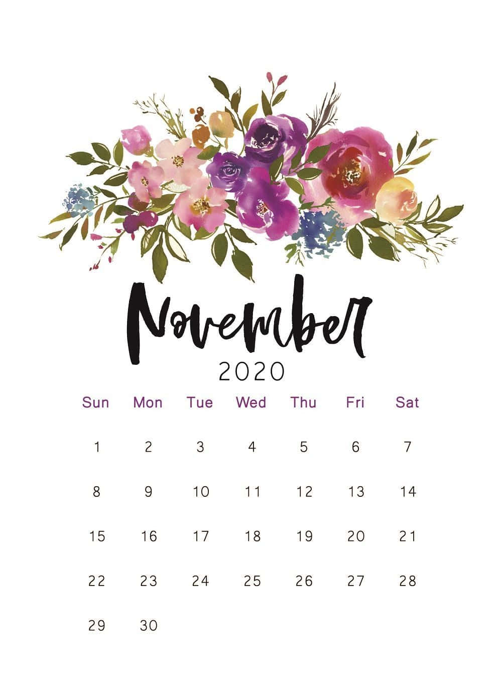 Calendar 桌布 壁紙 — 2020年11月的水彩花卉月曆，鮮豔的粉紅、紫和黃色花朵在整潔的網格佈局上方。