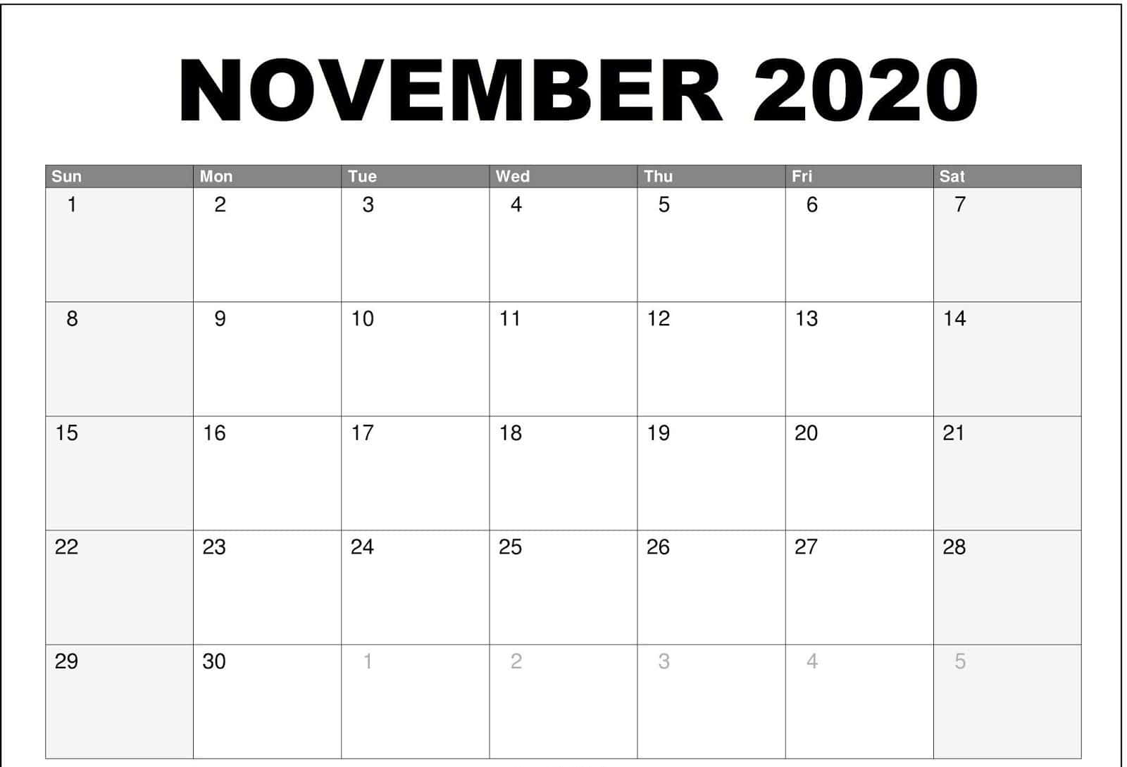 Calendar 桌布 壁紙 — 2020年11月的簡約黑白日曆，帶有粗體標題和整潔的網格佈局。