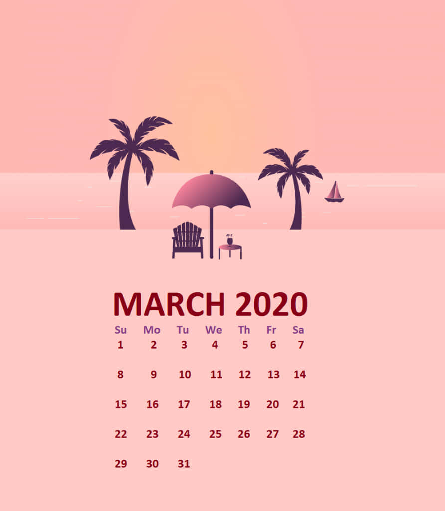 Cute March 桌布 壁紙 — 2020年3月的極簡粉紅色插圖日曆， featuring 棕櫚樹、沙灘傘和日落中的帆船。