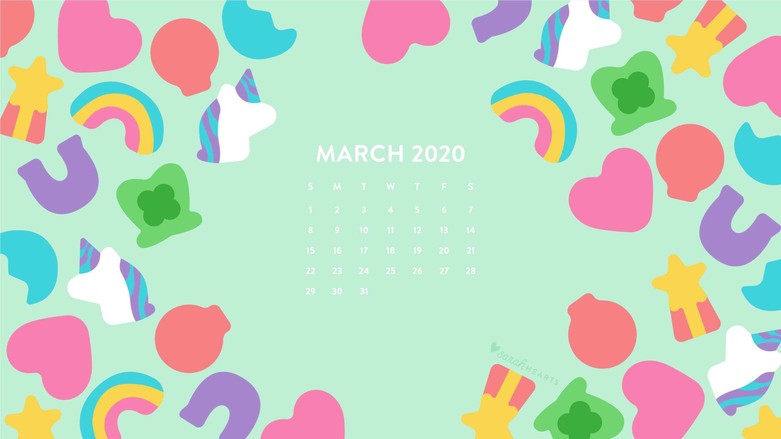 March 桌布 壁紙 — 2020年3月的薄荷綠色月曆，周圍有俏皮的卡通獨角獸、彩虹、心形和星星。