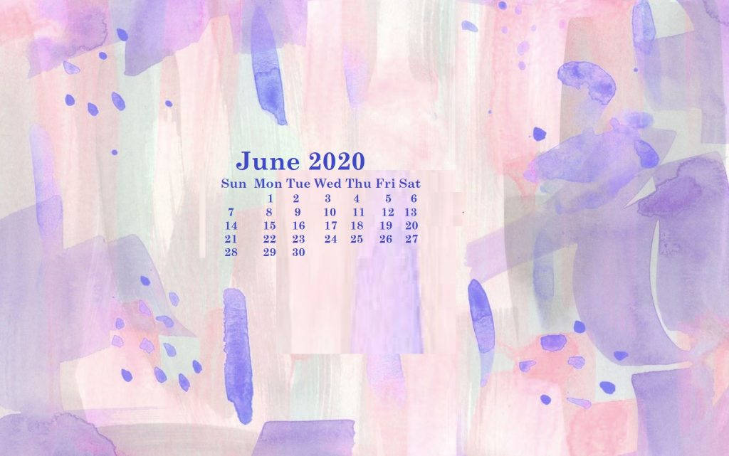 June 桌布 壁紙 — 2020年6月日曆，居中於柔和的薰衣草粉紅和薄荷綠抽象水彩筆觸背景上。