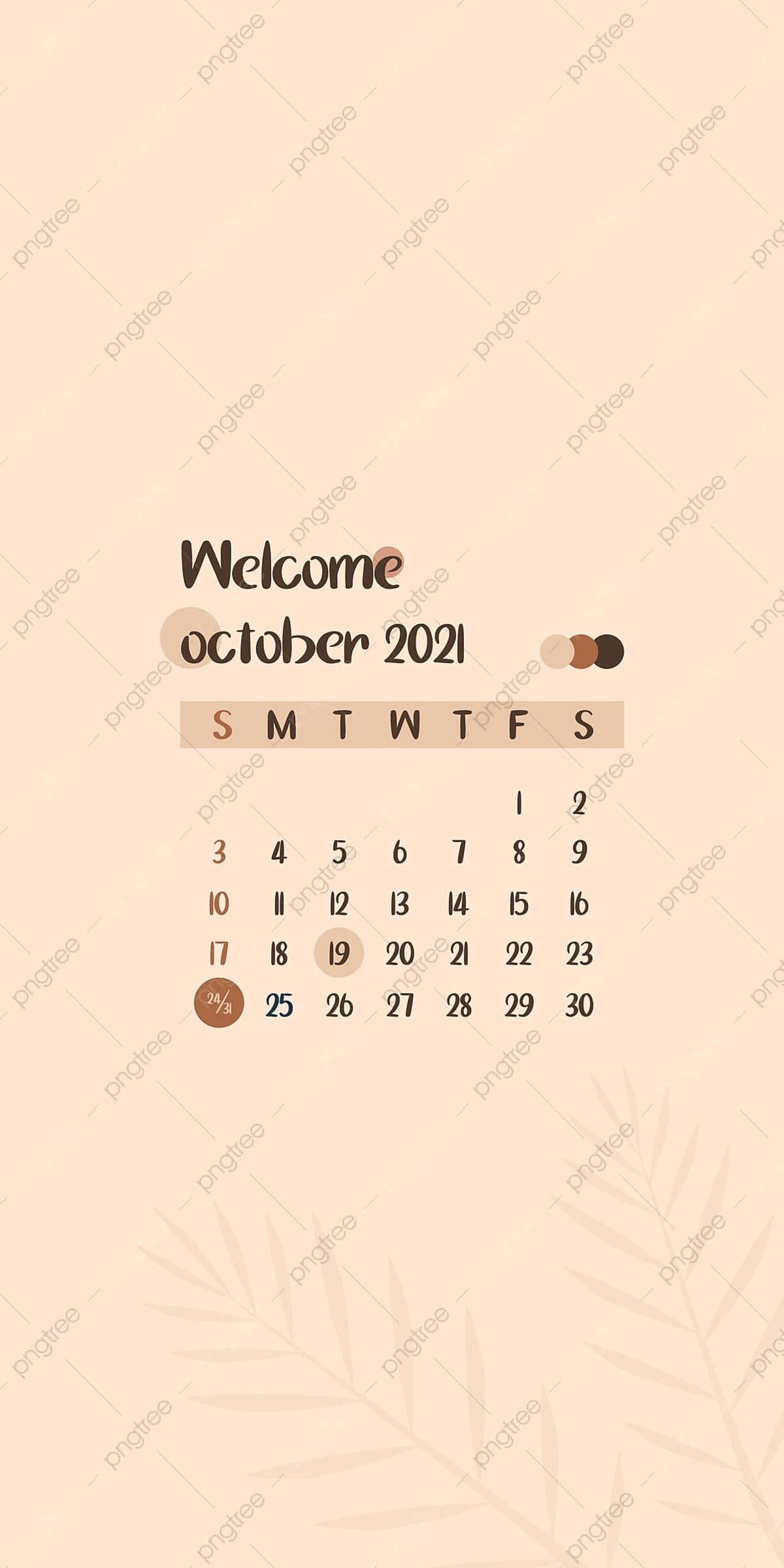 October 2021 Calendar 桌布 壁紙 — 2021年10月的簡約米色日曆，帶有細緻葉片圖案和棕色圓形日期標記。