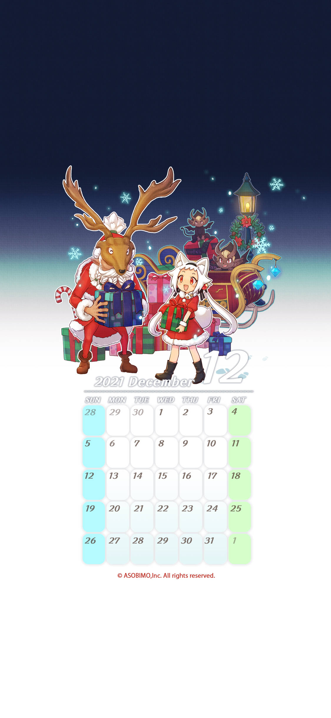 2021 Calendar 桌布 壁紙 — 2021年12月的節日動漫風格日曆， featuring 一隻馴鹿和一個穿著聖誕老人服裝的女孩，帶著禮物和雪橇，在雪夜天空下。