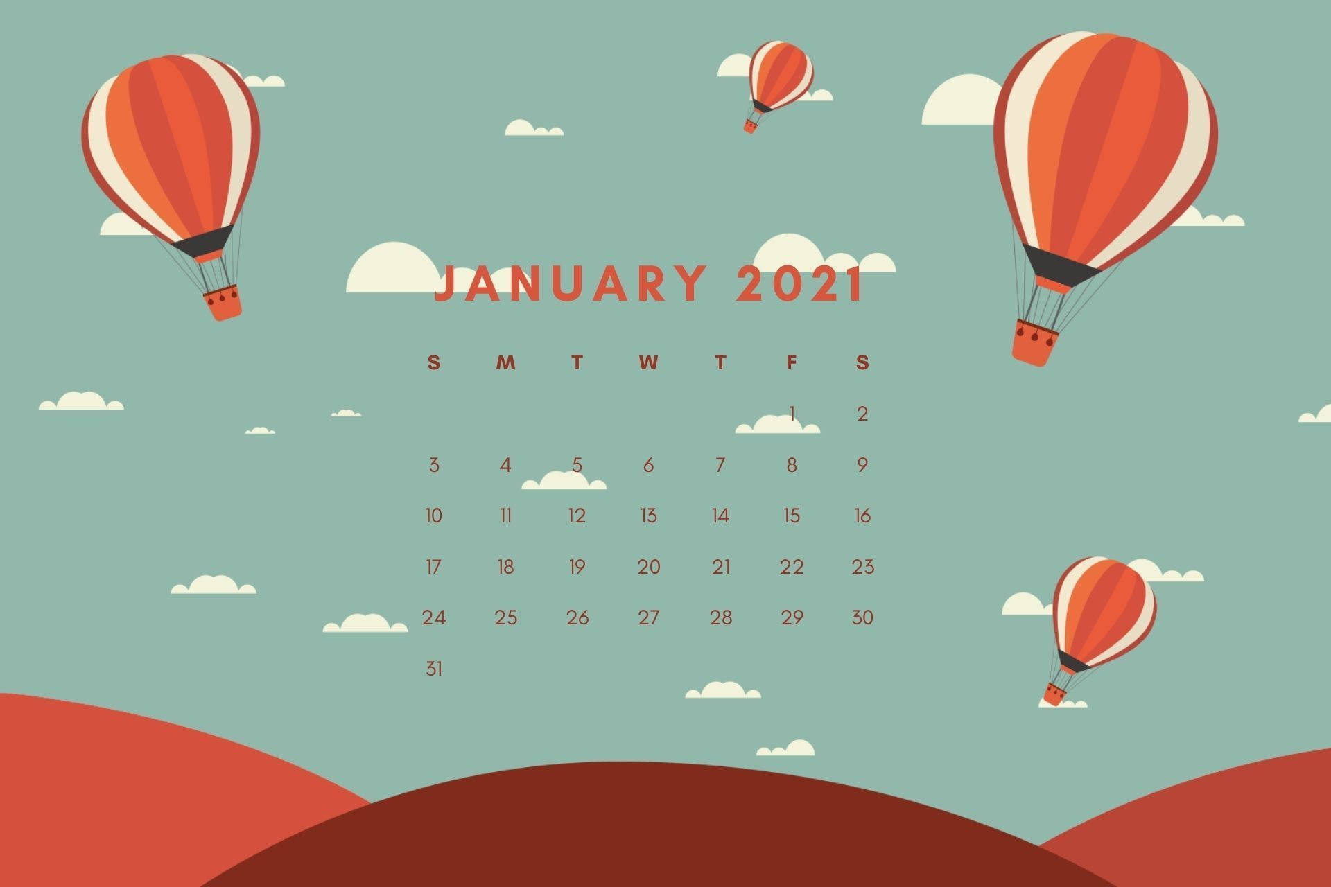 2021 桌面 桌布 壁紙 — 2021年1月日曆，橙色條紋熱氣球在藍綠色天空下漂浮在風格化的山丘上。