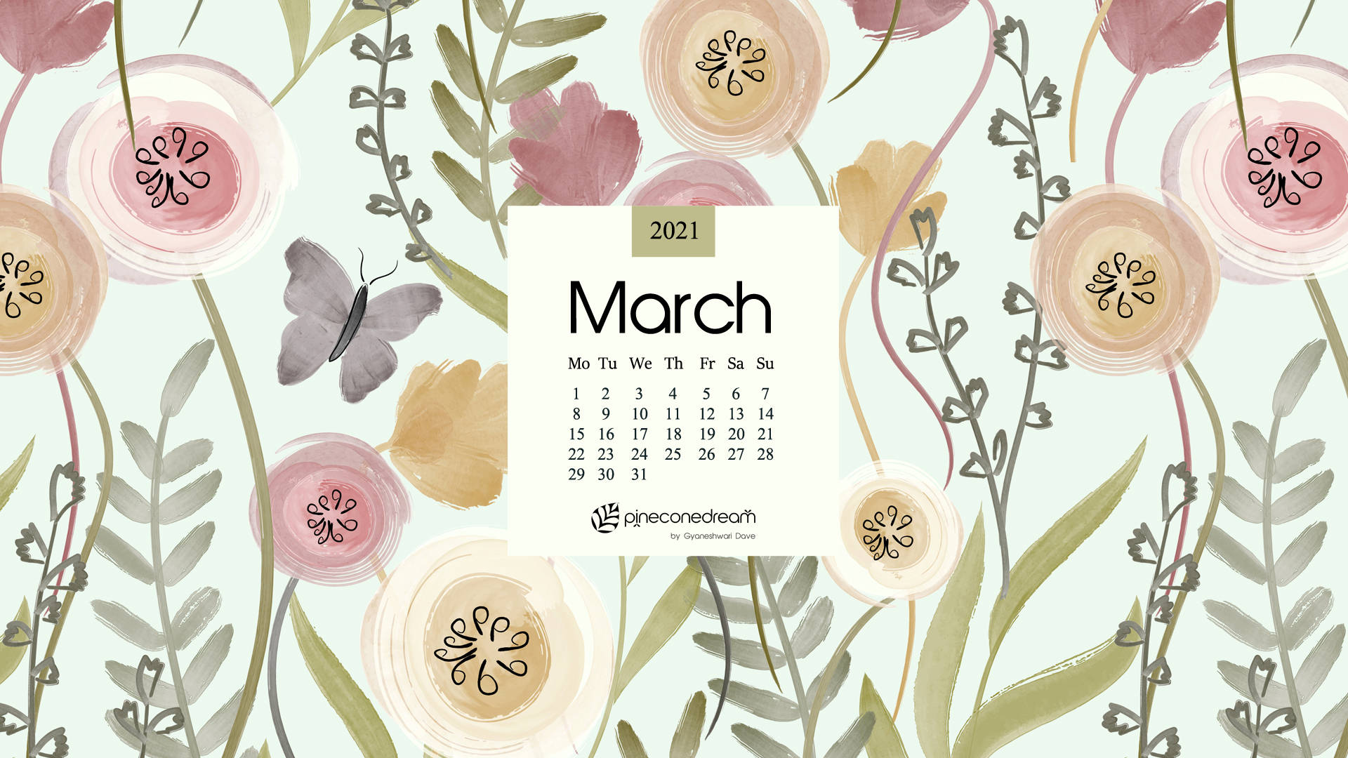 March 桌布 壁紙 — 2021年3月日曆，以柔和花卉背景為中心，配有水彩花朵和蝴蝶。