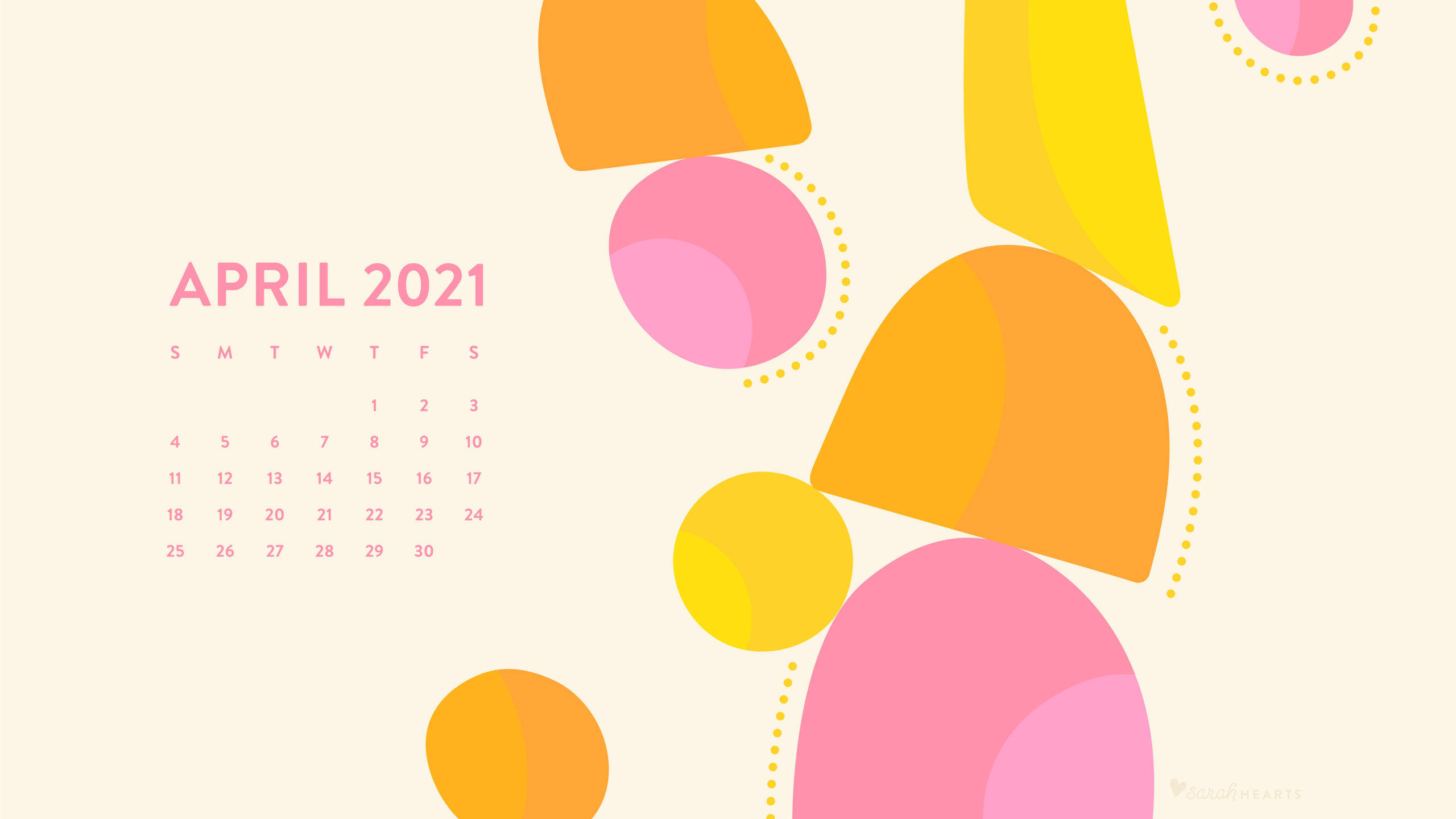 April 2021 Calendar 桌布 壁紙 — 2021年4月月曆，奶油色背景上帶有粉彩粉紅、黃色和橙色抽象形狀。