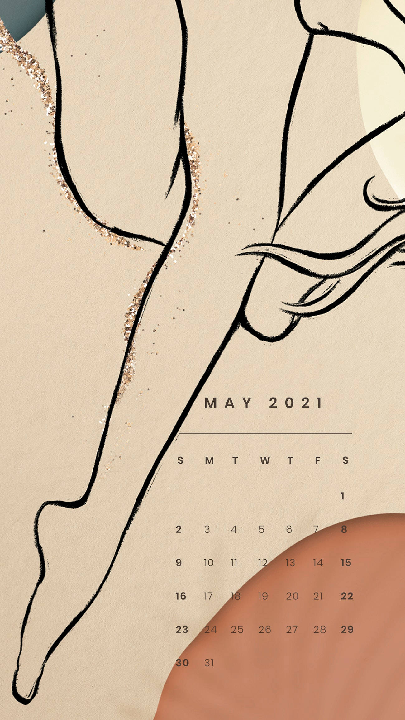 May 桌布 壁紙 — 2021年5月的米色和赤陶色日曆，搭配舞者流動四肢的極簡線條藝術。