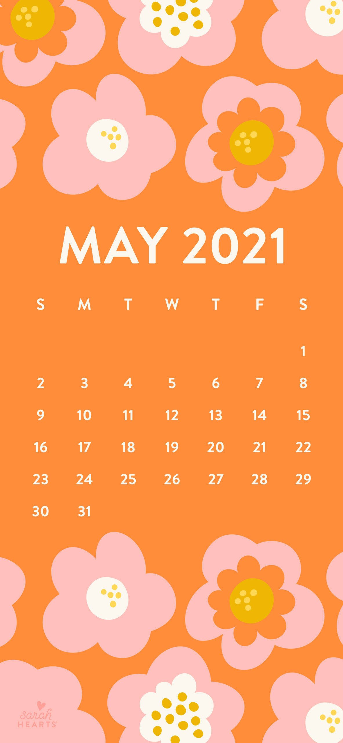 2021 Calendar 桌布 壁紙 — 2021年5月的鮮豔橙色桌布日曆，以風格化的粉紅色和黃色花朵框住。