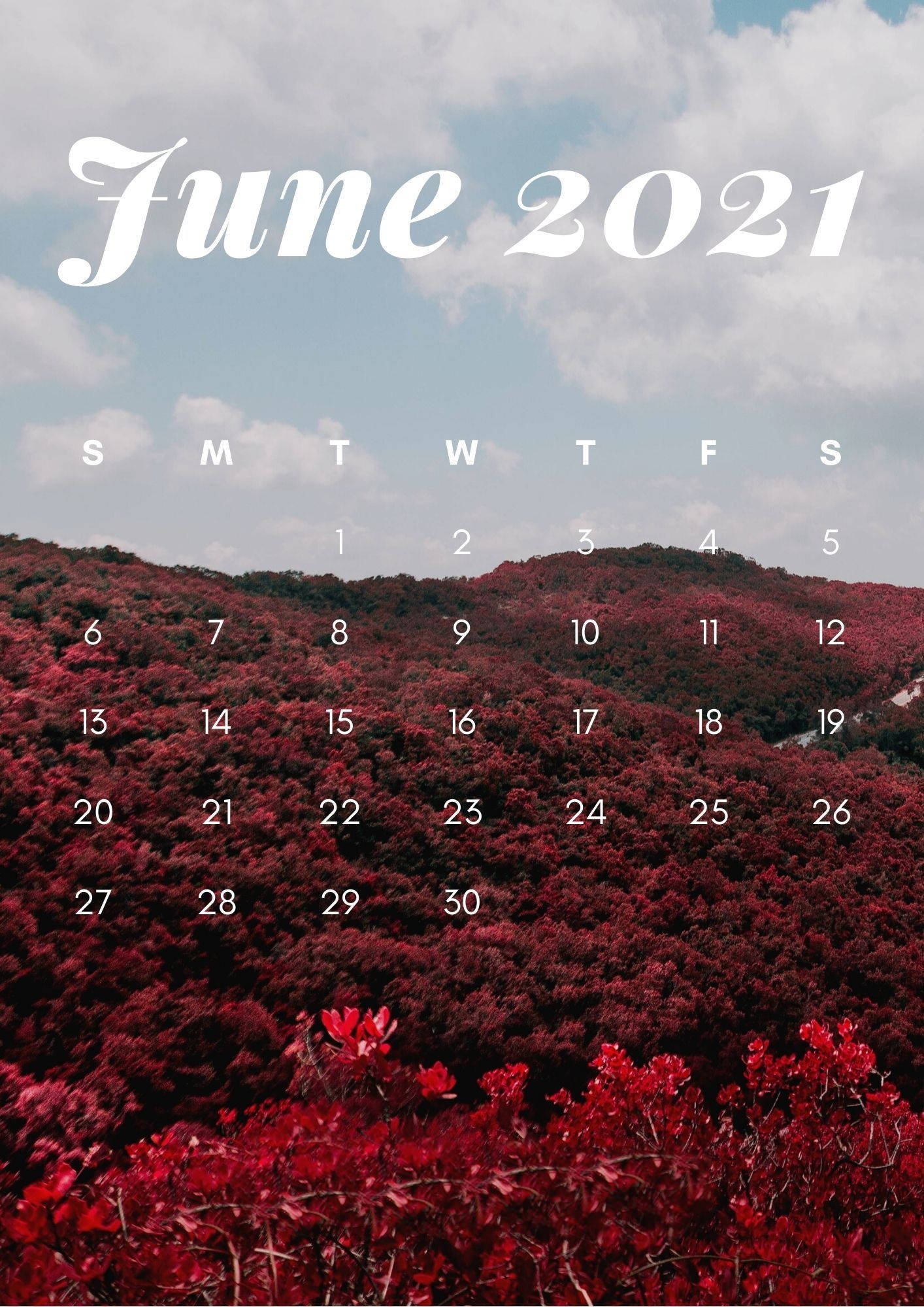 June 桌布 壁紙 — 2021年6月日曆疊加在雲層天空下覆蓋著鮮豔紅色樹葉的山脈上。