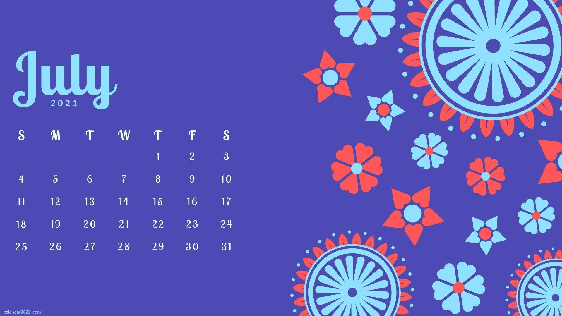 July 桌布 壁紙 — 2021年7月日曆，紫色背景上有藍色和紅色花卉圖案。