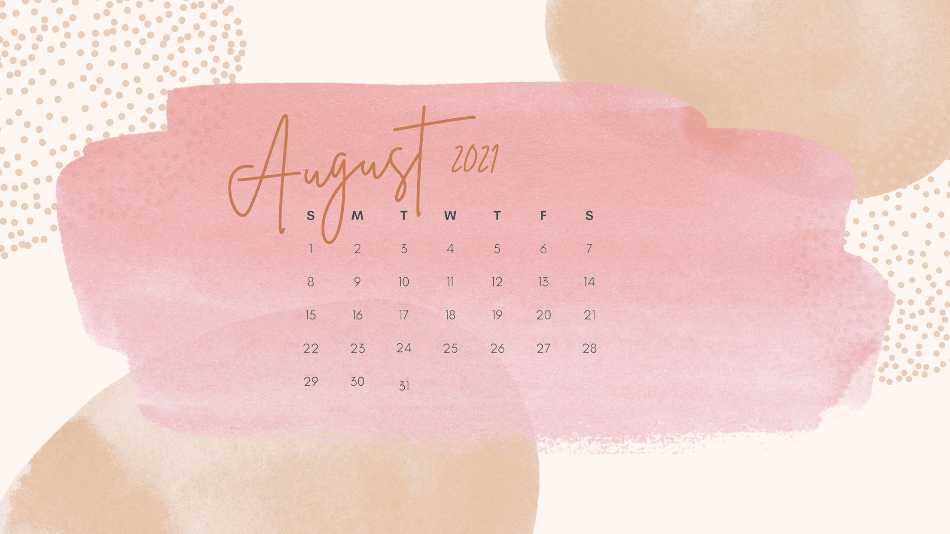 pastel 桌布 壁紙 — 2021年8月的柔和粉紅色水彩日曆，背景為米色抽象形狀和金色圓點。