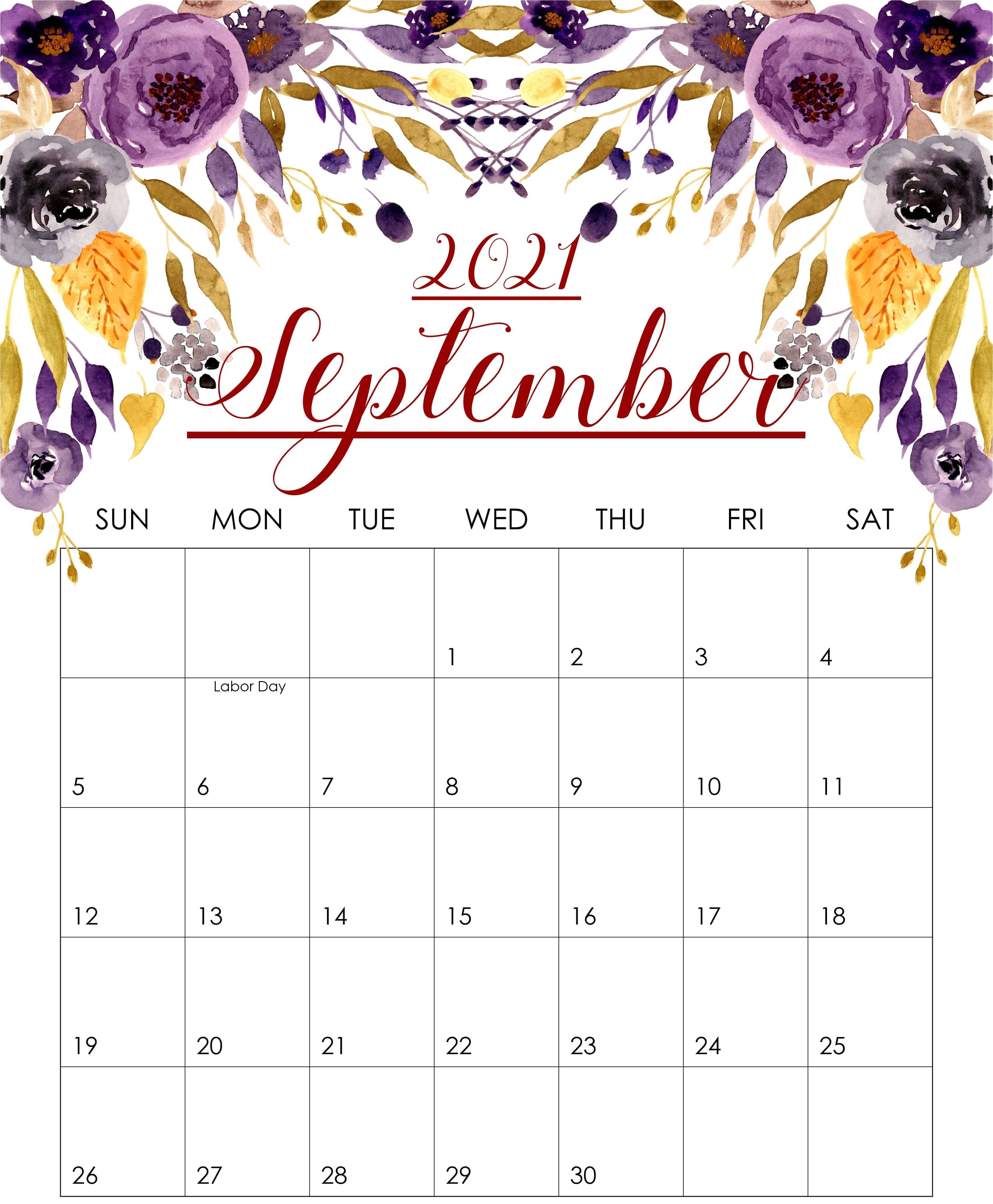 September 桌布 壁紙 — 2021年9月日曆，飾有紫色和金色的水彩花卉和葉子。