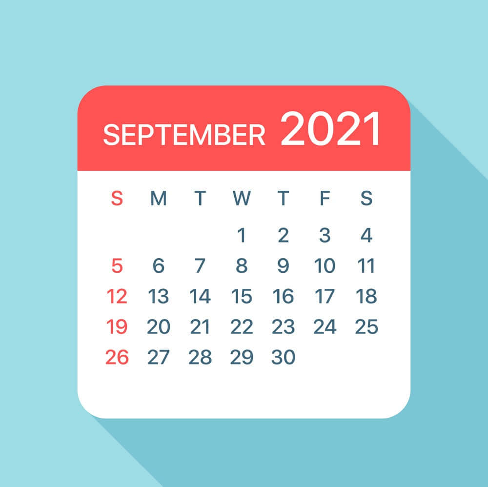 月曆 桌布 壁紙 — 2021年9月的扁平設計日曆，紅色標題和白色網格在淺藍色背景上。