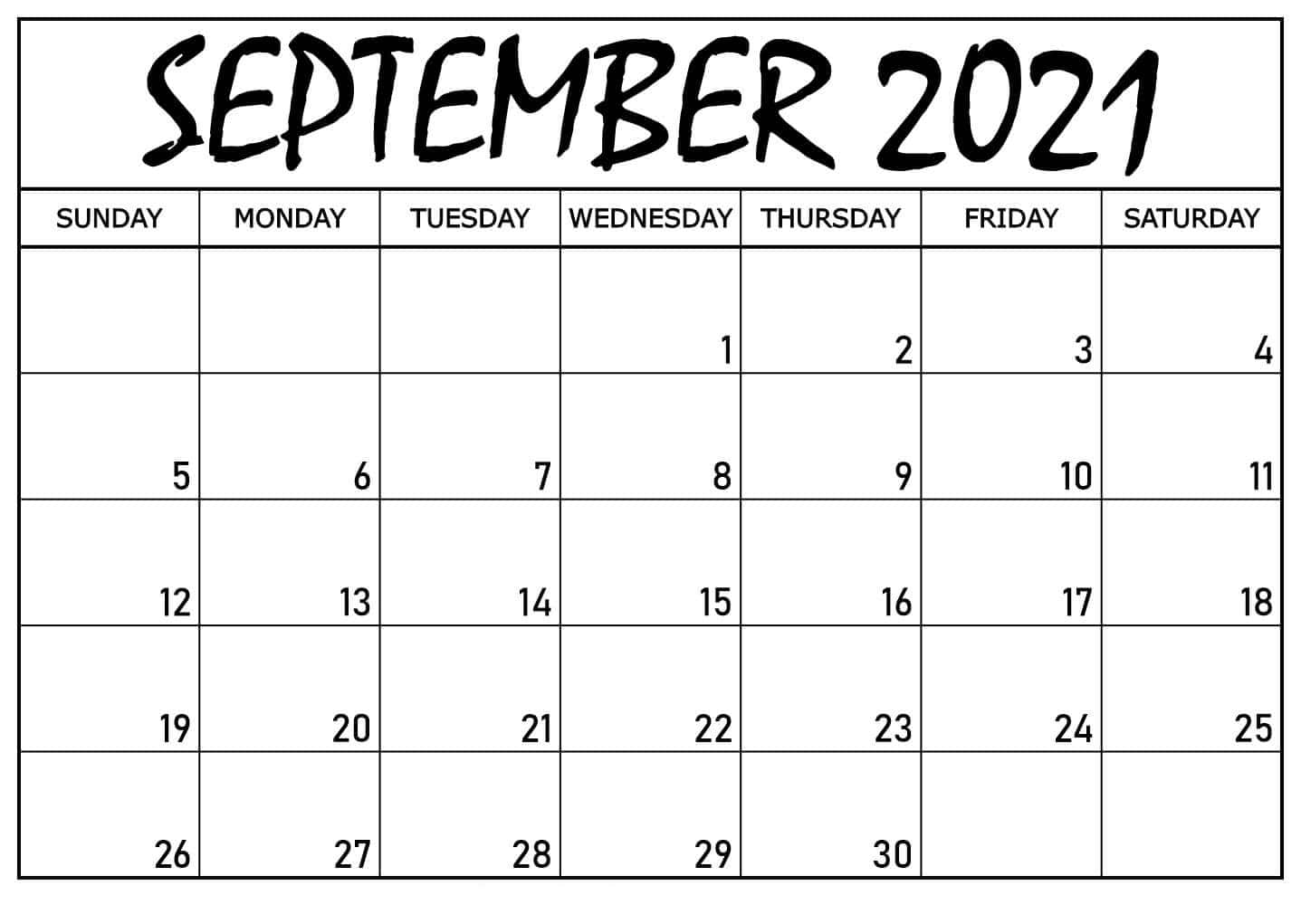 月曆 桌布 壁紙 — 2021年9月的極簡黑白日曆，帶有粗體手寫標題和網格佈局。